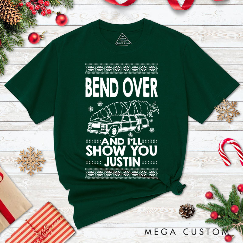 Personalized Couple Fun Bend Over and I’ll Show You Christmas T-Shirt Xmas Ugly Sweater Design Matching T-Shirt for Husband Wife Boyfriend Girlfriend