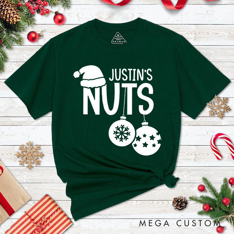 Personalized Couple Fun Nuts and Chest Christmas Matching T-Shirt with Name Couple Xmas Balls and Wreath T-Shirt for Husband Wife Boyfriend Girlfriend