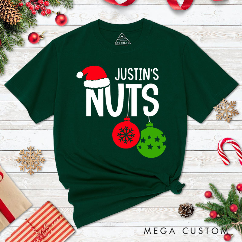 Personalized Couple Nuts with Xmas Ball and Chest with Wreath T-Shirt Couple Xmas Matching Shirts for Husband Wife Boyfriend Girlfriend Tee Tops