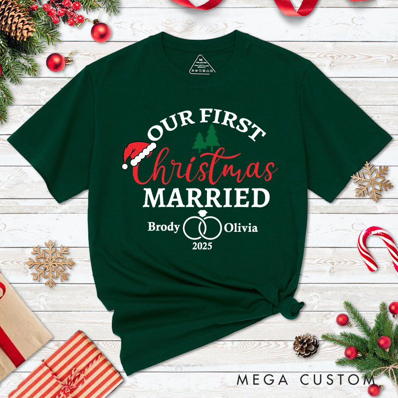 Personalized Couple Our First Christmas Married T-Shirt Custom Newlyweds Wedding Rings Xmas Shirt for Husband Wife Just Married Tee Top Christmas Gift