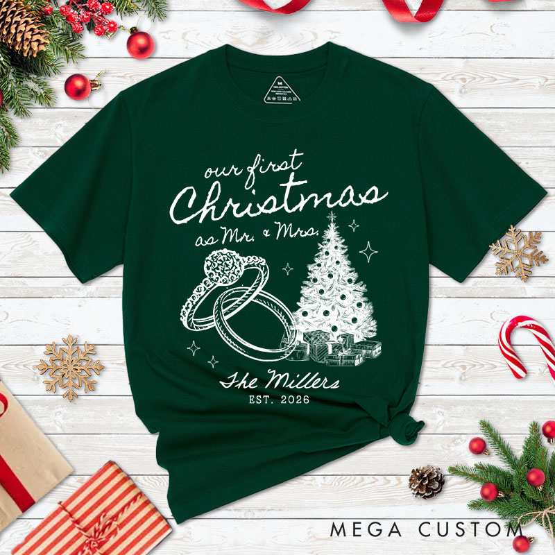 Personalized Couple Our First Christmas as Mr. and Mrs. T-Shirt Custom Newlyweds Wedding Rings Xmas Shirt for Husband Wife Married Tees Christmas Gift