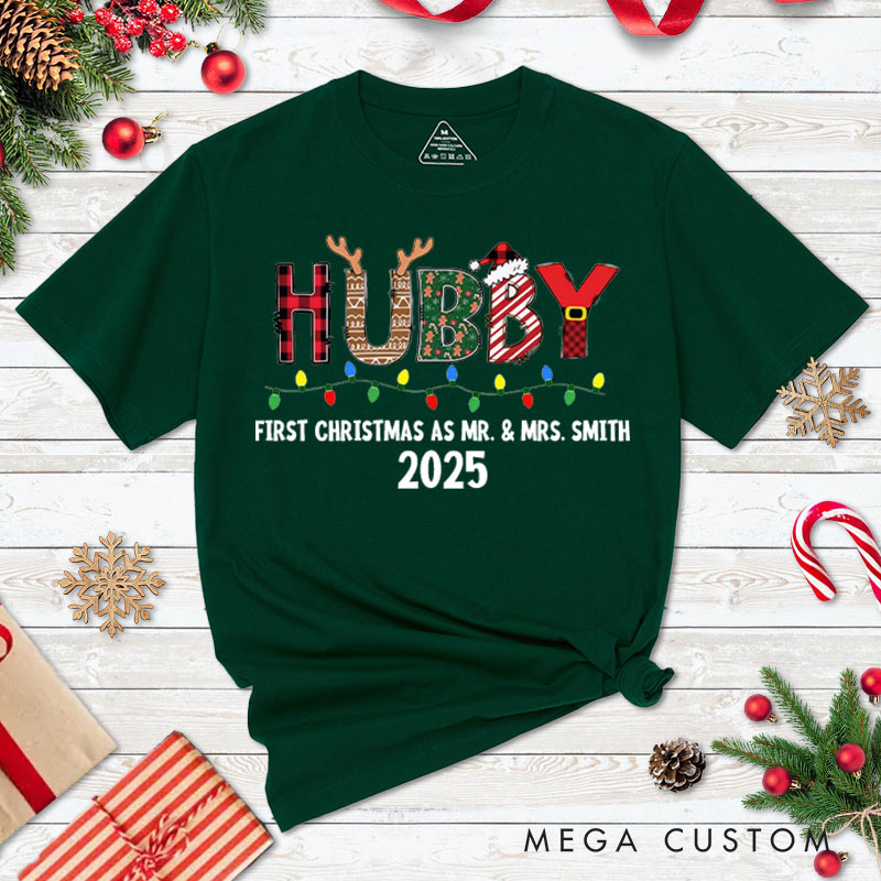 Personalized Couple Wifey and Hubby First Christmas T-Shirt Custom Newlyweds Christmas Light Shirt for Husband Wife Married Tee Tops Christmas Gift