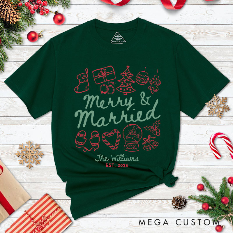 Personalized Couple Festive Merry and Married First Christmas T-Shirt Newlyweds Holly Accents Shirt for Husband Wife Married Tee Tops Christmas Gift