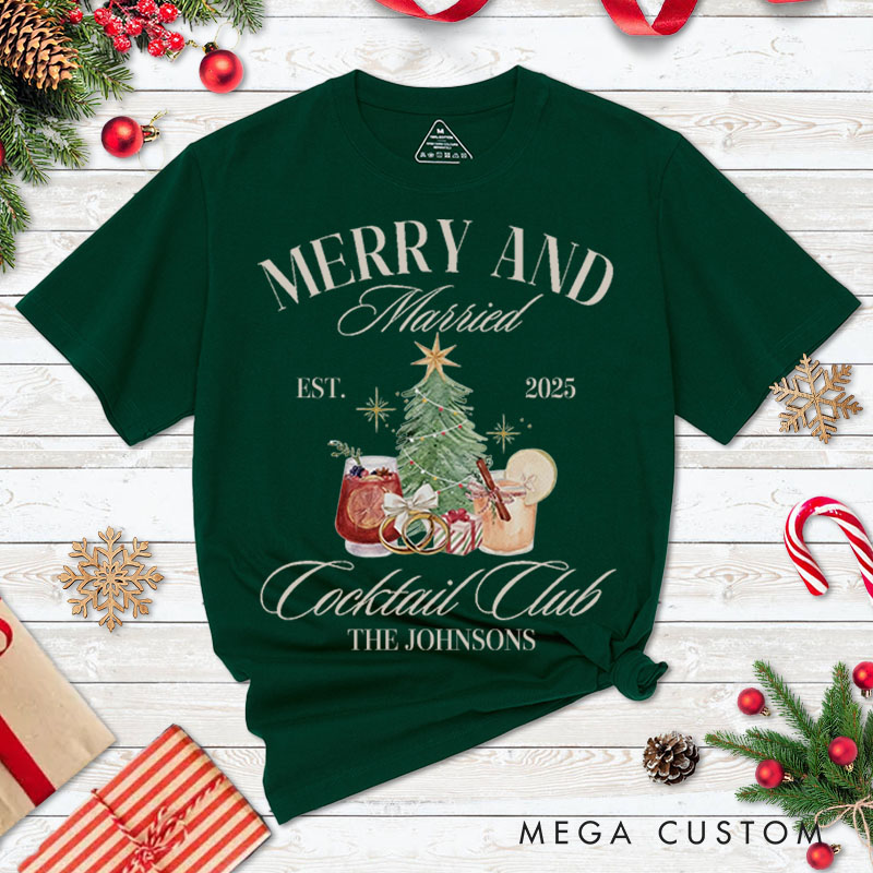 Personalized Couple Festive Merry and Married First Christmas T-Shirt Newlyweds Cocktails Club Shirt for Husband Wife Married Tee Tops Christmas Gift