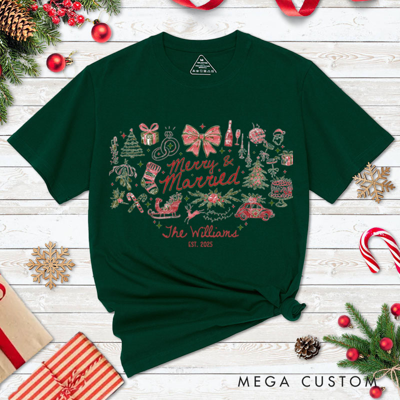 Personalized Couple Merry and Married First Christmas T-Shirt Newlyweds Festive Last Name Shirt for Husband Wife Married Tee Tops Christmas Gift
