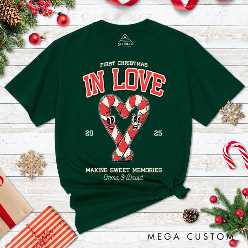 Personalized Couple Our First Christmas T-Shirt Custom Newlyweds Festive Heart Candy Canes Shirt for Husband Wife Married Tee Top BF GF Christmas Gift