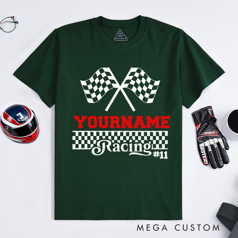 Personalized Racing Checkered Flag T-Shirt Custom Name and Number Race Team Tee Gift for Racers and Racing Lovers