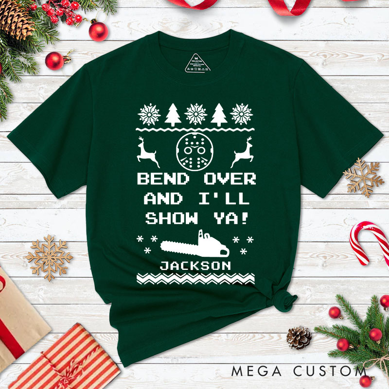 Personalized Couple Bend Over and I'll Show Ya with Christmas Tree Matching T-Shirt Couple Christmas Shirt for Husband Wife Boyfriend Girlfriend Gift