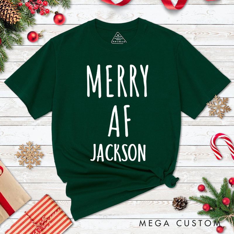 Personalized Couple Merry AF and Jolly AF Matching Christmas T-Shirt with Name Couple Xmas T-Shirt for Husband Wife Boyfriend Girlfriend