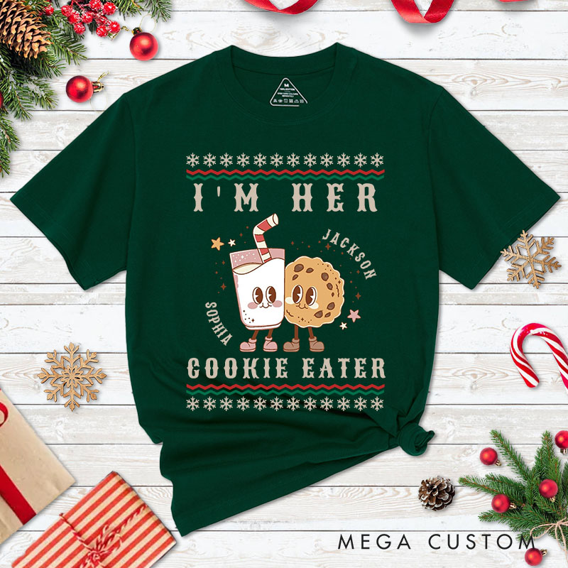 Personalized Couple I'm Her Cookie Eater Christmas Matching T-Shirt Couple I'm His Milk Drinker Xmas T-Shirt for Husband Wife Boyfriend Girlfriend