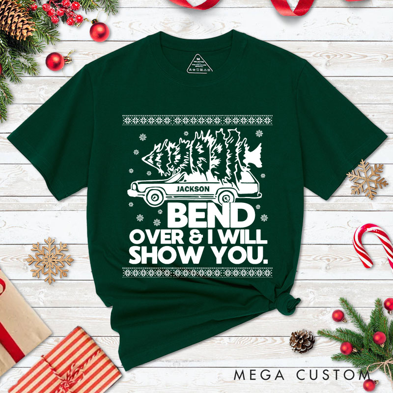 Personalized Couple Bend Over and I Will Show You Christmas T-Shirt Couple Xmas Truck with Tree Matching T-Shirt for Husband Wife Boyfriend Girlfriend