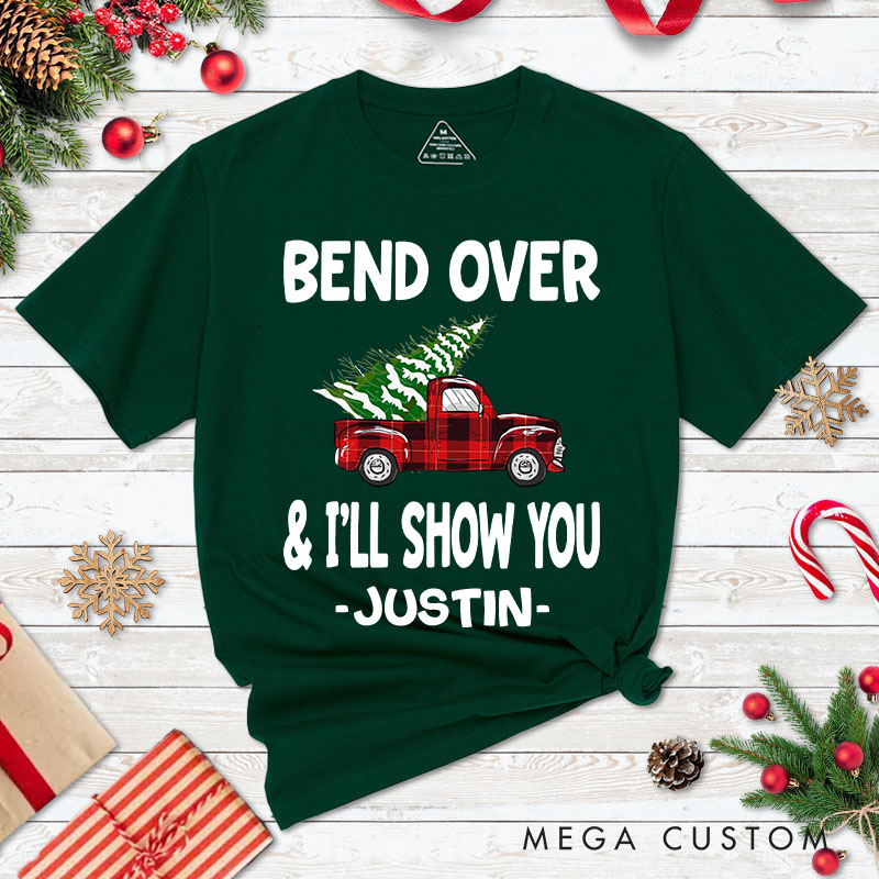Personalized Couple Funny Bend Over and I’ll Show You Christmas T-Shirt Couple Xmas Plaid Truck Matching T-Shirt for Husband Wife Boyfriend Girlfriend