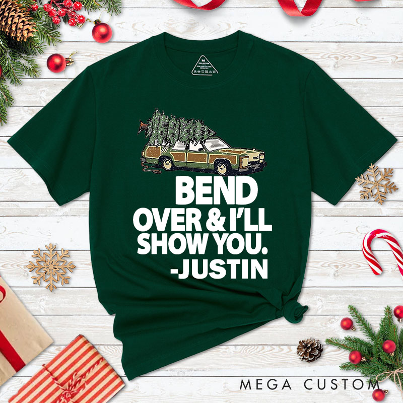 Personalized Couple Humor Bend Over and I'll Show You Christmas T-Shirt Couple Xmas Plaid Truck Matching T-Shirt for Husband Wife Boyfriend Girlfriend