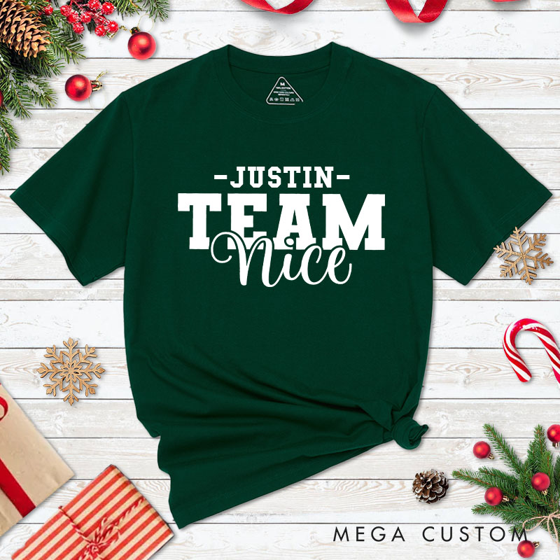 Personalized Couple Team Nice and Team Naughty Christmas T-Shirt with Name Couple Xmas Matching T-Shirt for Husband Wife Boyfriend Girlfriend