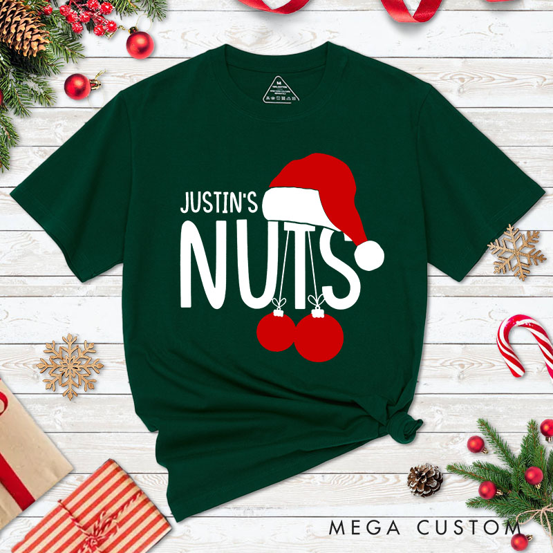 Personalized Couple Funny Nuts and Chest Christmas Matching T-Shirt Couple Xmas Santa Hats T-Shirt for Husband Wife Boyfriend Girlfriend