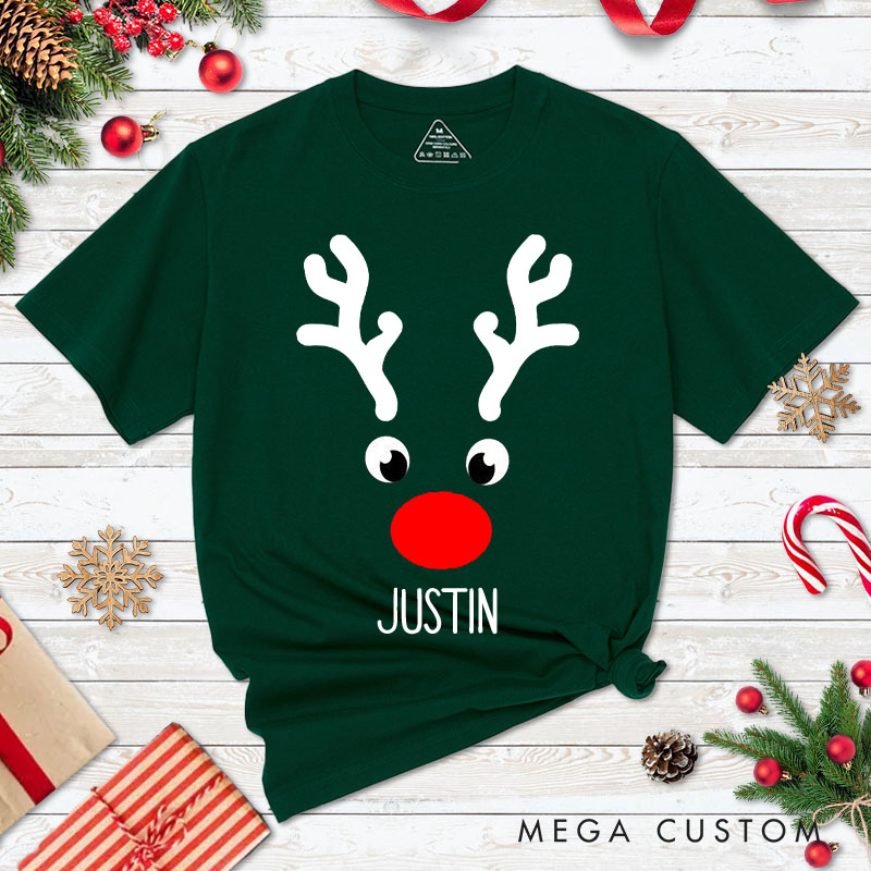 Personalized Couple Cute Reindeer Faces with Antler Christmas Matching T-Shirt Couple Xmas T-Shirt for Husband Wife Boyfriend Girlfriend