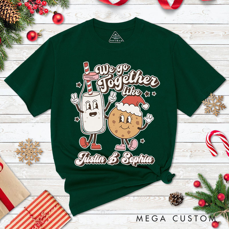 Personalized Couple We Go Together Like Christmas Milk and Cookie T-Shirt Couple Xmas Matching T-Shirt for Husband Wife Boyfriend Girlfriend