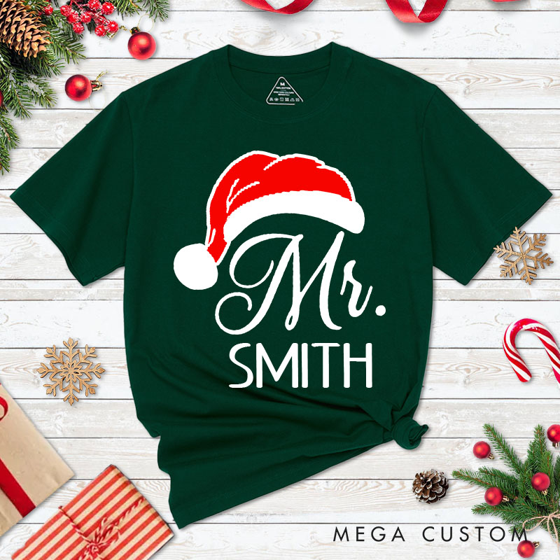Personalized Couple Mr. and Mrs. with Santa Hat Christmas Matching T-Shirt Couple Xmas T-Shirt for Husband Wife Boyfriend Girlfriend Tee Tops