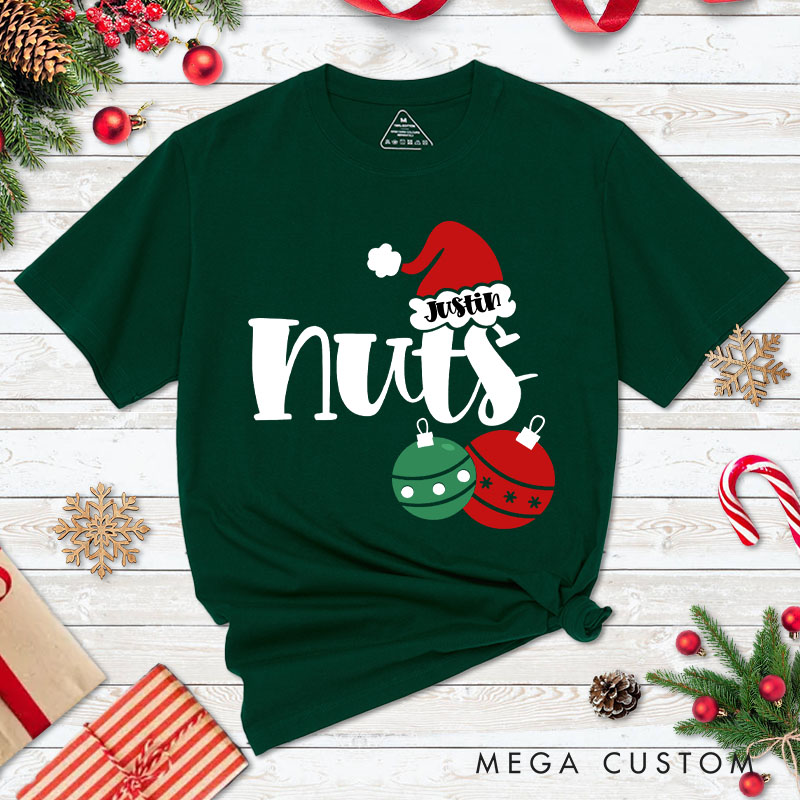 Personalized Couple Funny Nuts and Chest with Santa Hat T-Shirt Couple Xmas Matching T-Shirt for Husband Wife Boyfriend Girlfriend Tee Tops
