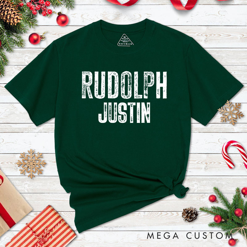 Personalized Couple Retro Rudolph and Most Likely to Try to Ride Rudolph T-Shirt Couple Xmas Matching Shirt for Husband Wife Boyfriend Girlfriend Tees
