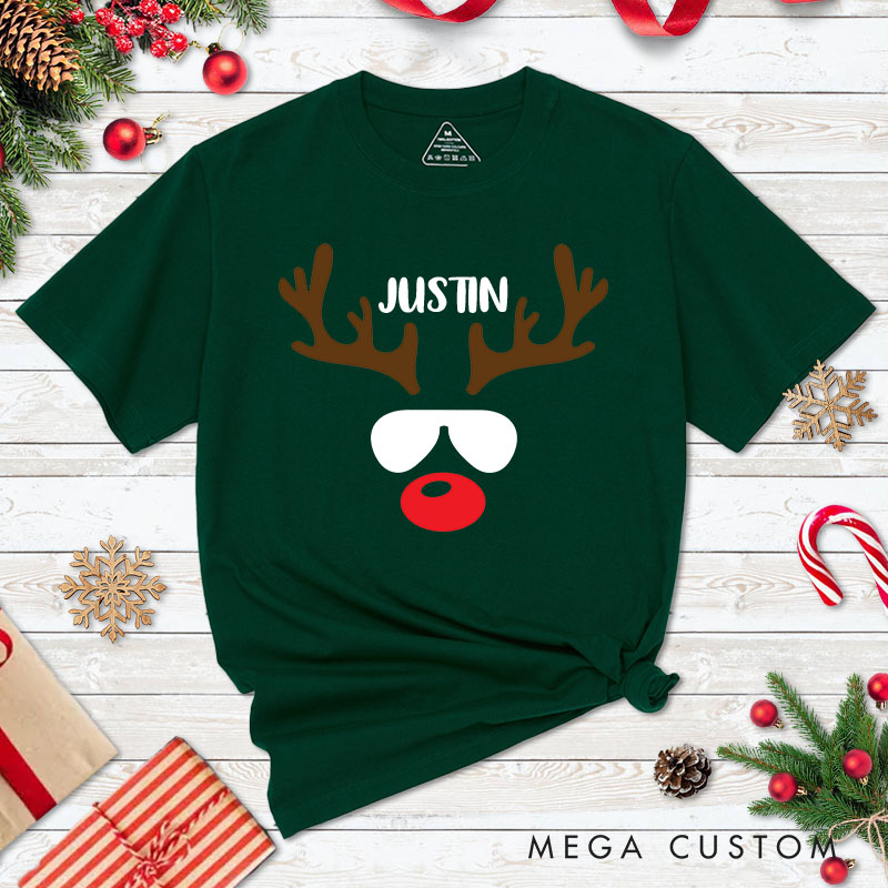 Personalized Couple Reindeer with Sunglasses Christmas T-Shirt Couple Xmas Reindeer with Bow Matching Shirt for Husband Wife Boyfriend Girlfriend Tees