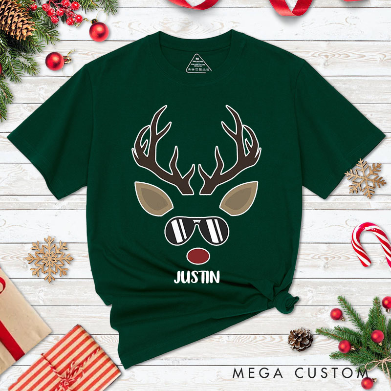 Personalized Couple Cool Reindeer with Sunglasses Christmas T-Shirt Chic Reindeer with Bow Xmas Matching Shirt for Husband Wife Boyfriend Girlfriend