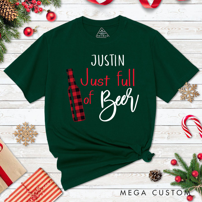Personalized Couple Plaid Just Full of Beer and Full of Holiday Cheer Christmas T-Shirt Couple Xmas T-Shirt for Husband Wife Boyfriend Girlfriend Tees