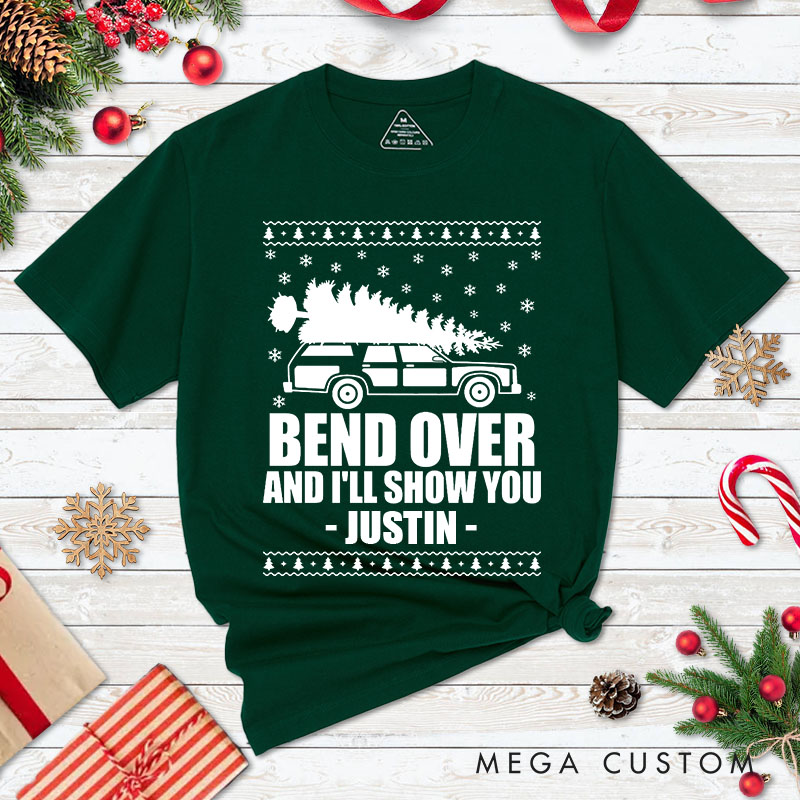 Personalized Couple Bend Over and I’ll Show You Christmas Matching T-Shirt Truck with Xmas Tree T-Shirt for Husband Wife Boyfriend Girlfriend Tee Tops