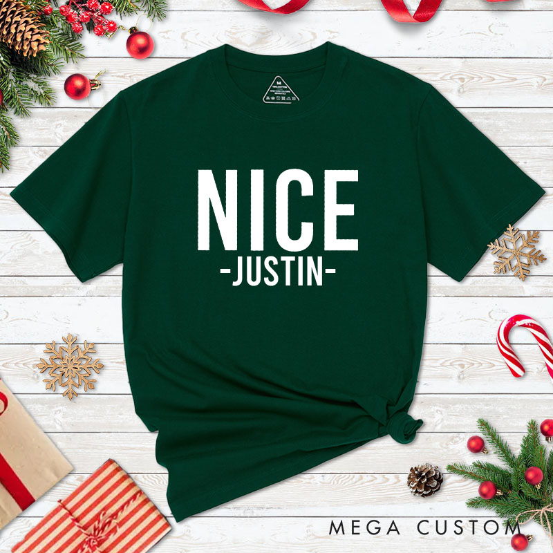 Personalized Couple Minimalist Nice and Naughty Christmas Matching T-Shirt Couple Xmas T-Shirt for Husband Wife Boyfriend Girlfriend Tee Tops
