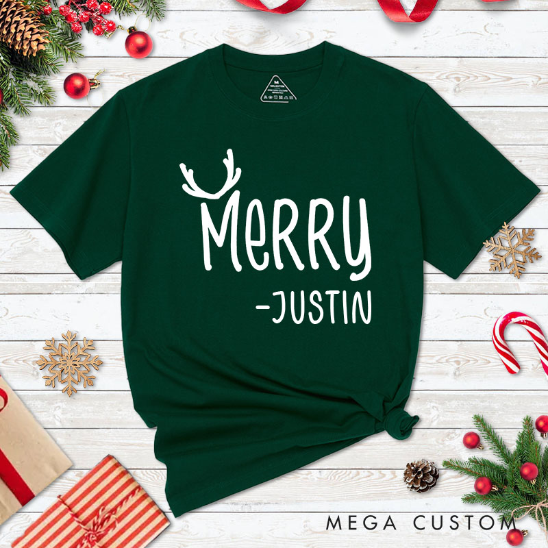 Personalized Couple Merry and Christmas with Antler Christmas Matching T-Shirt Couple Xmas T-Shirt for Husband Wife Boyfriend Girlfriend Tee Tops