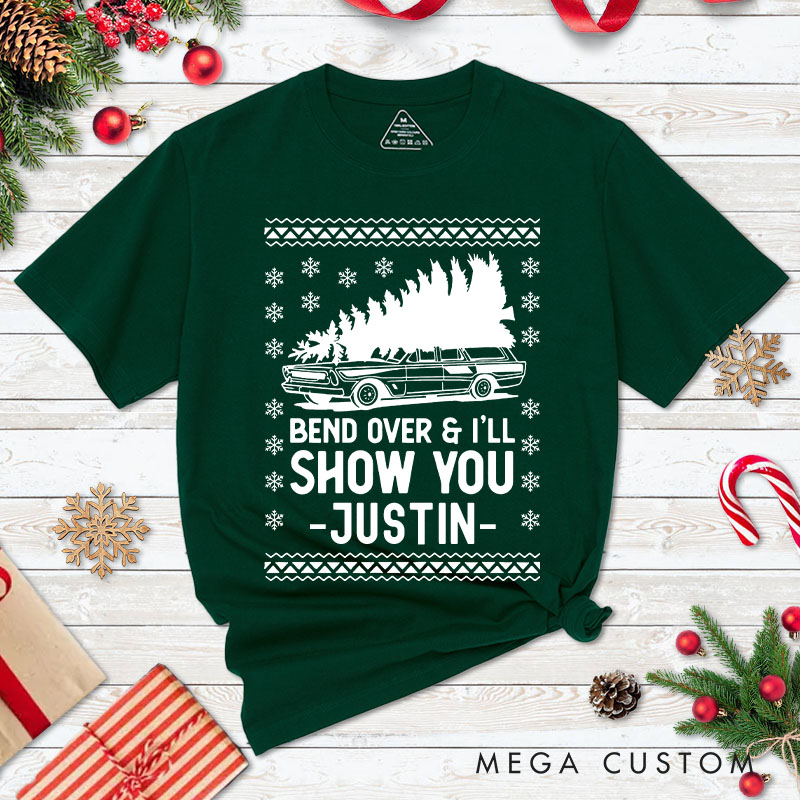 Personalized Couple Bend Over and I'll Show You Christmas Matching T-Shirt Car and Xmas Tree T-Shirt for Husband Wife Boyfriend Girlfriend Tee Tops