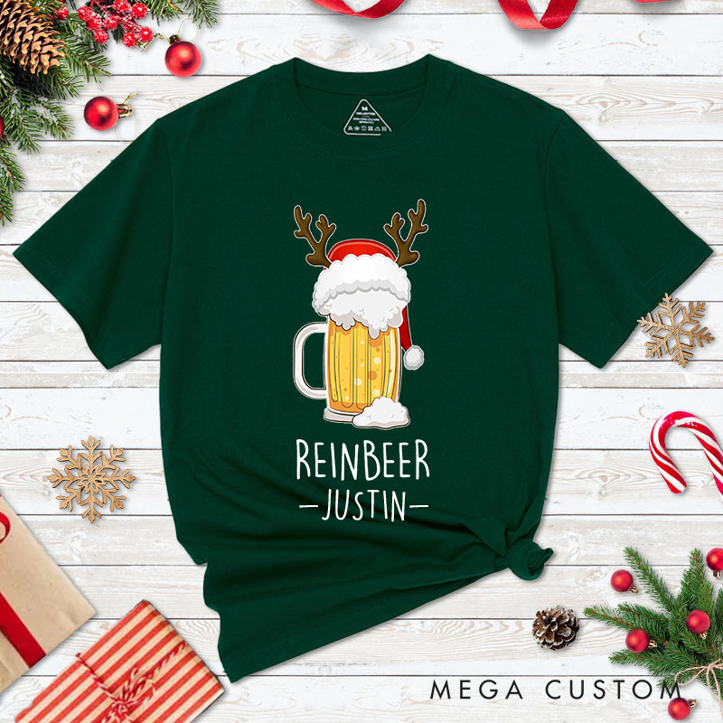Personalized Couple Reinbeer and Winedeer Christmas Matching T-Shirt Couple Beer and Wine Xmas T-Shirt for Husband Wife Boyfriend Girlfriend Tee Tops