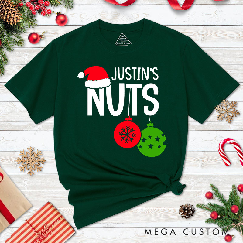 Personalized Couple Nuts and Chest Christmas Matching T-Shirt Couple Xmas Ball and Wreath T-Shirt for Husband Wife Boyfriend Girlfriend Tee Tops