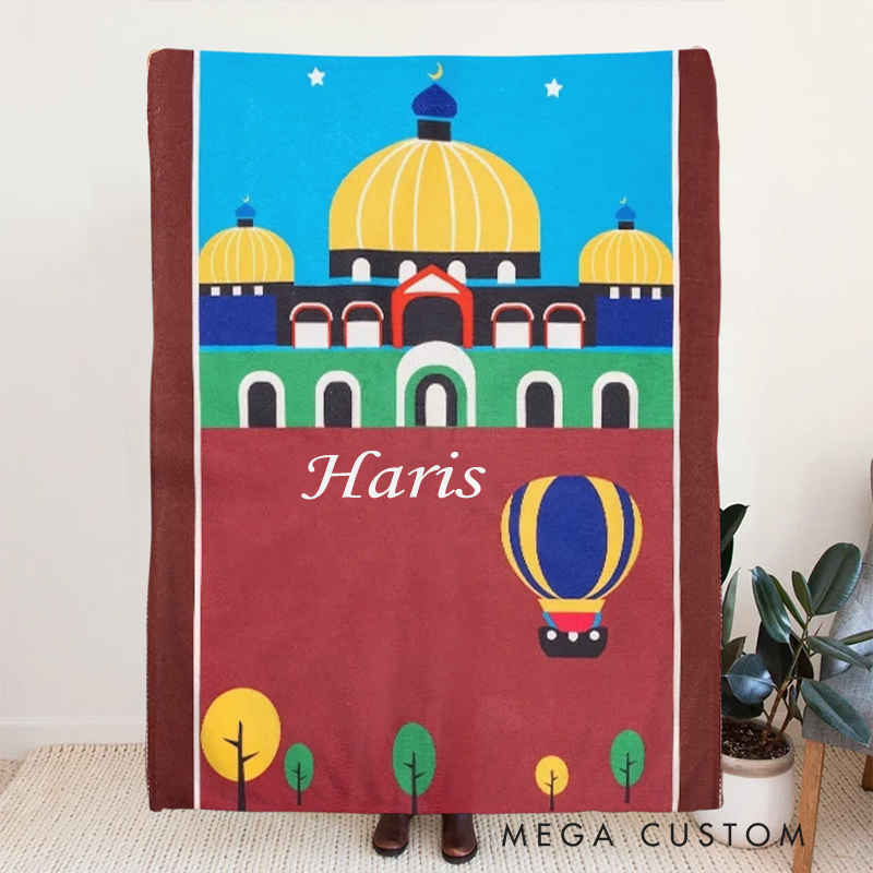 Personalized Mosque Kid Prayer Throw Blanket with Name Home Decor Muslim Sejadah Janamaz Islamic Eid ul-Fitr Gift for Children