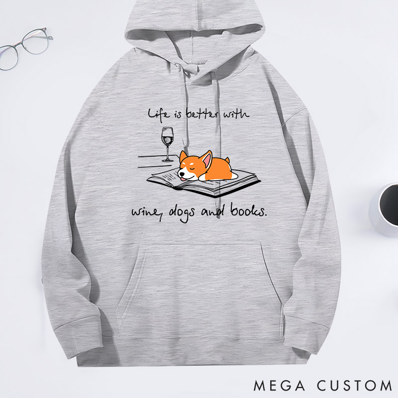 Personalized Dog Lover Life is Better with Wine Dogs and Books Classic Hoodies