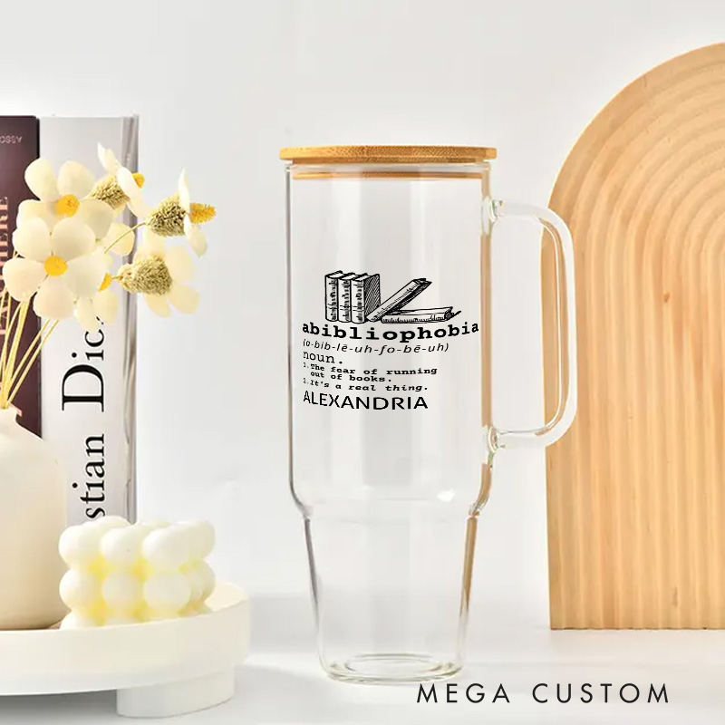 Personalized Abibliophobia Water Glasses with Lid Book Lover Water Glass with Name Water Glass with Straw Bookish Gift Book Lover Gift