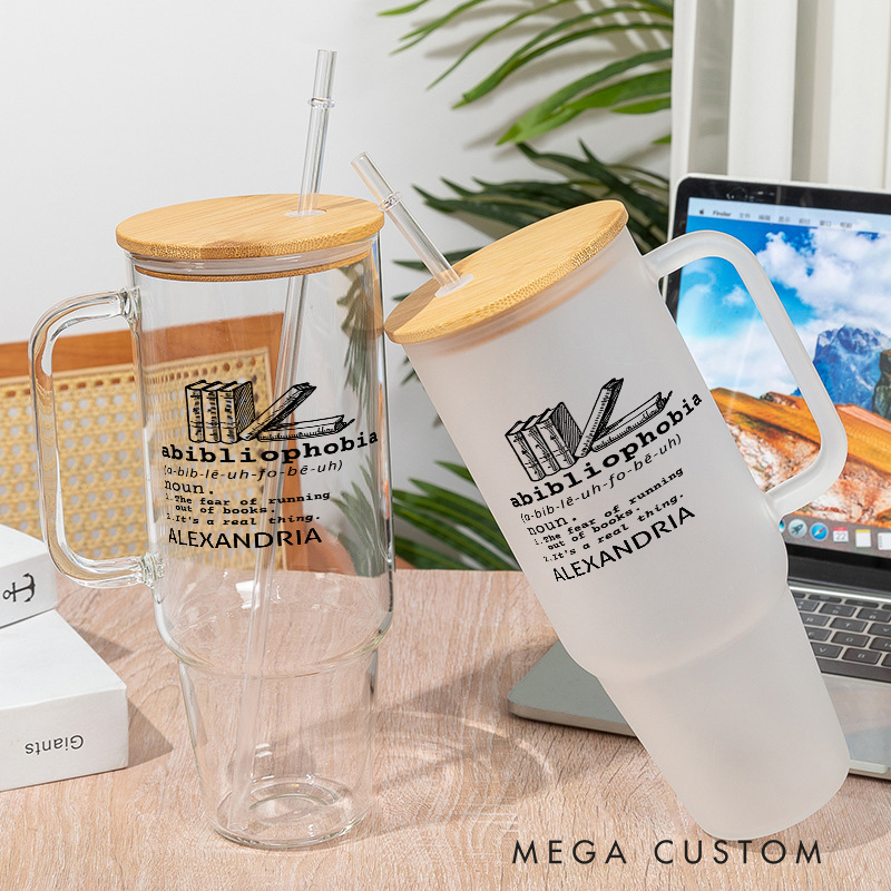 Personalized Abibliophobia Water Glasses with Lid Book Lover Water Glass with Name Water Glass with Straw Bookish Gift Book Lover Gift