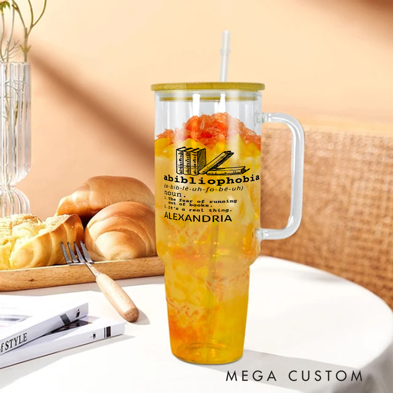 Personalized Abibliophobia Water Glasses with Lid Book Lover Water Glass with Name Water Glass with Straw Bookish Gift Book Lover Gift