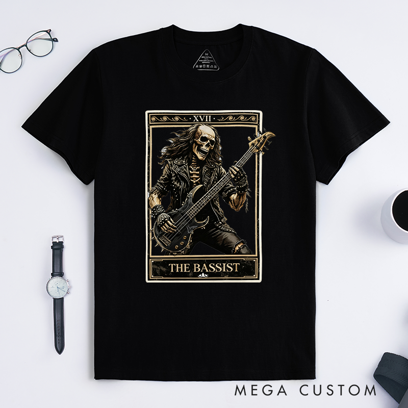 Personalized Classic T-Shirts The Bassist Skull T-Shirt Vintage Music Tarot Graphic Tee for Music Lovers