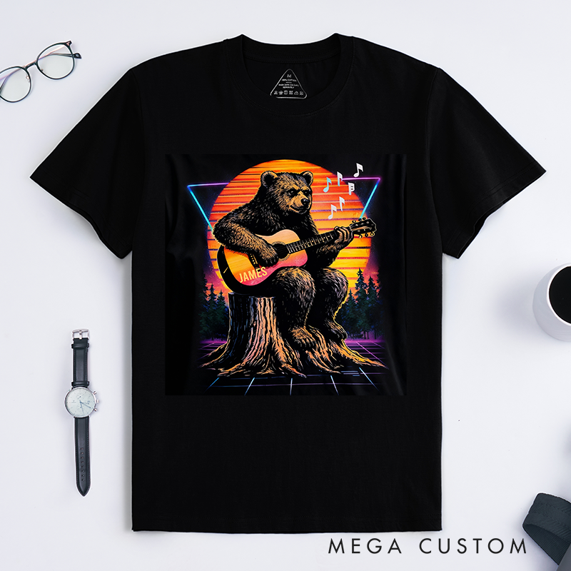 Personalized Classic T-Shirts Neon Bear Guitarist T-Shirt Vintage Music Graphic Tee for Music Lovers