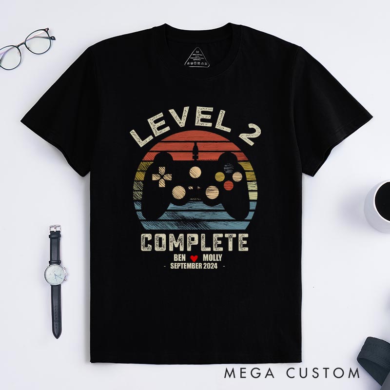 Personalized Level up Anniversary Game Couple Classic T-Shirts Anniversary Video Game Tshirt Geek Gaming Nerd Shirt
