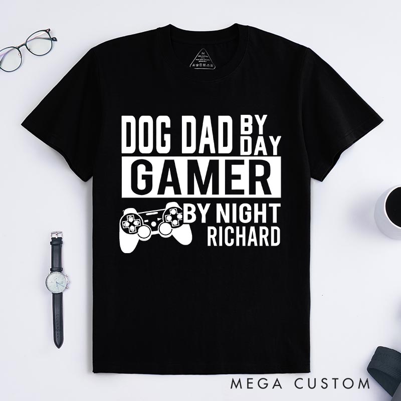 Personalized Dog Dad by Day Gamer by Night Classic T-Shirts Video Game Tshirt Geek Gaming Nerd Shirt