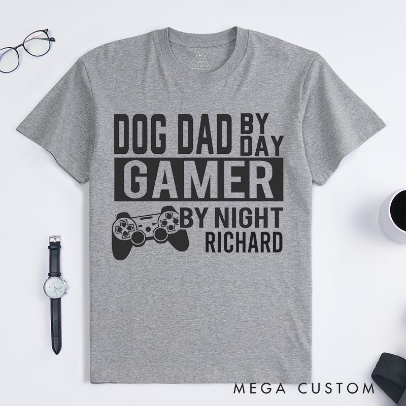 Personalized Dog Dad by Day Gamer by Night Classic T-Shirts Video Game Tshirt Geek Gaming Nerd Shirt