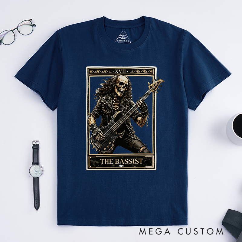 Personalized Classic T-Shirts The Bassist Skull T-Shirt Vintage Music Tarot Graphic Tee for Music Lovers