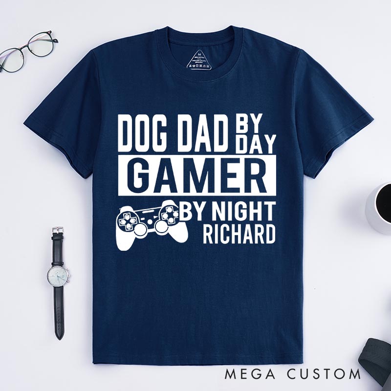 Personalized Dog Dad by Day Gamer by Night Classic T-Shirts Video Game Tshirt Geek Gaming Nerd Shirt