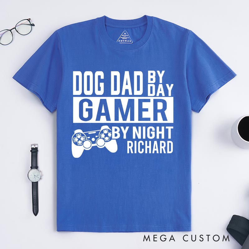 Personalized Dog Dad by Day Gamer by Night Classic T-Shirts Video Game Tshirt Geek Gaming Nerd Shirt