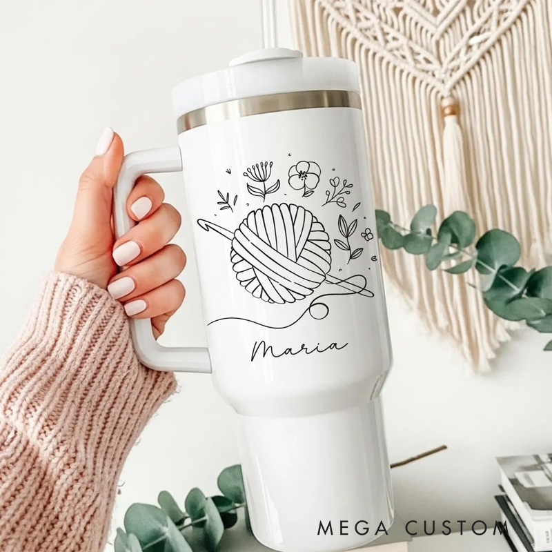 Personalized 40oz & 20oz Tumbler with Handle Crochet Lover Tumbler Yarn Lover Gift