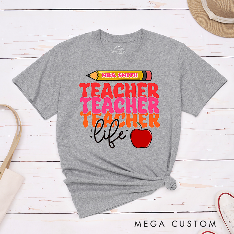 Personalized Teacher Life Bold Multicolor Text Design with Heart and Whimsy T-Shirts