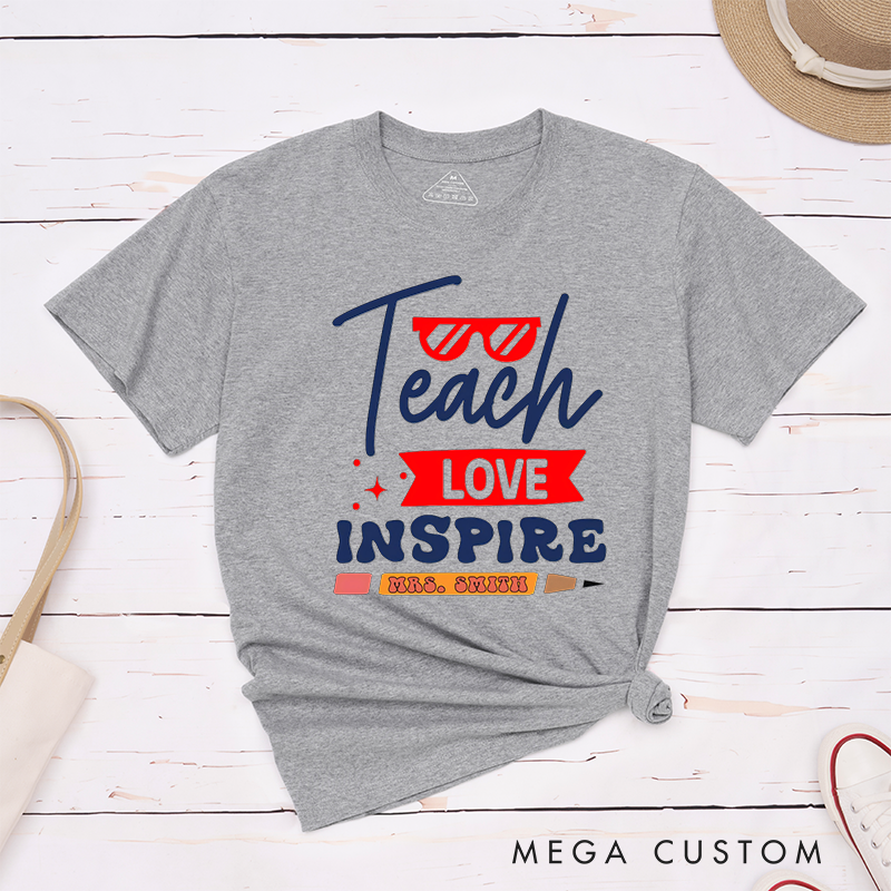 Personalized Teacher T-Shirts Teach Love Inspire Red and Blue Theme with Glasses and Pencil Accents Gift for Teachers