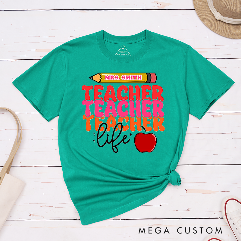 Personalized Teacher Life Bold Multicolor Text Design with Heart and Whimsy T-Shirts